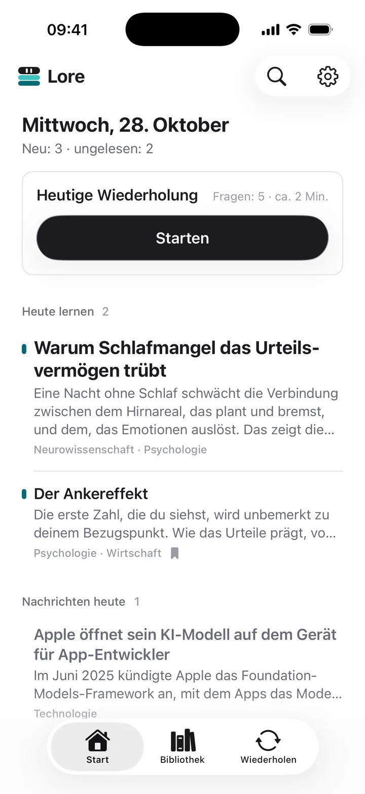 Start-Tab von Lore mit der heutigen Wiederholung und den Lernartikeln und News von heute