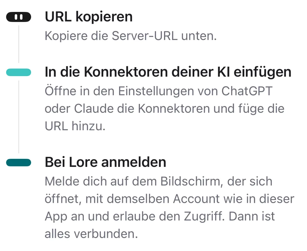 Drei Schritte zum Verbinden deiner KI: URL kopieren, in die Konnektoren deiner KI einfügen, bei Lore anmelden