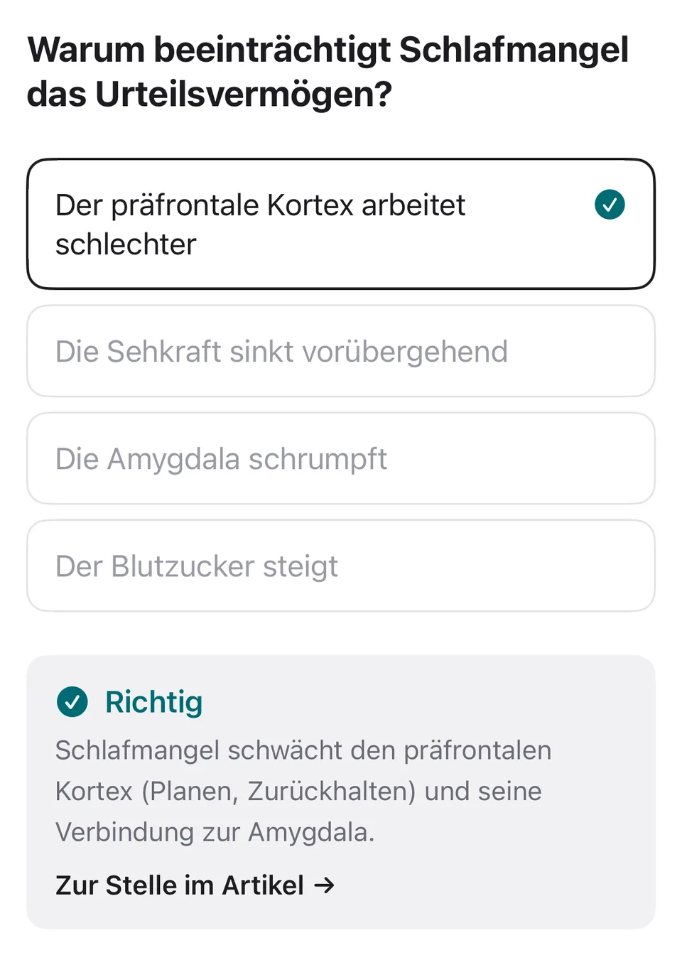 Richtig beantwortete Multiple-Choice-Frage mit Erklärung und Link zum Absatz im Artikel