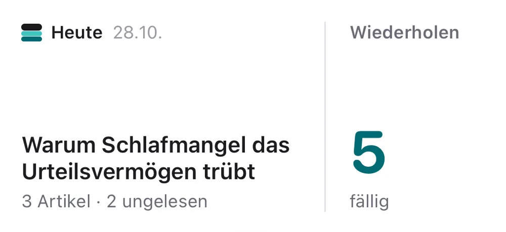 Mittleres Lore-Widget mit der Zahl der heutigen Artikel und den fälligen Wiederholungen