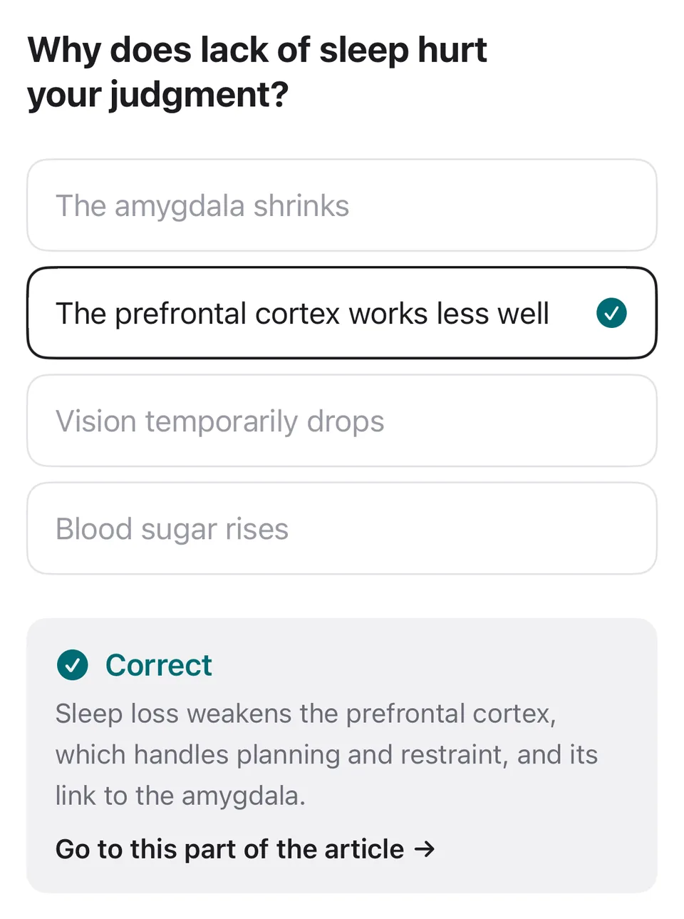 A multiple-choice quiz answered correctly, with the explanation and a link back to the article paragraph