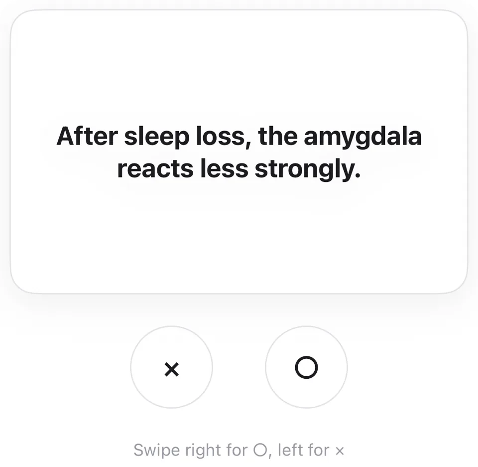 A true/false card you answer by swiping left or right