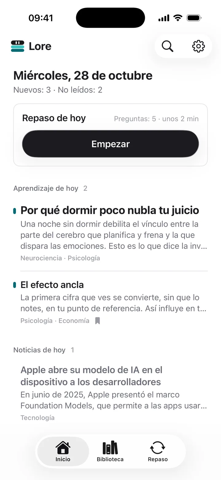 Pantalla de Inicio de Lore con el repaso de hoy y los artículos y noticias que llegaron hoy
