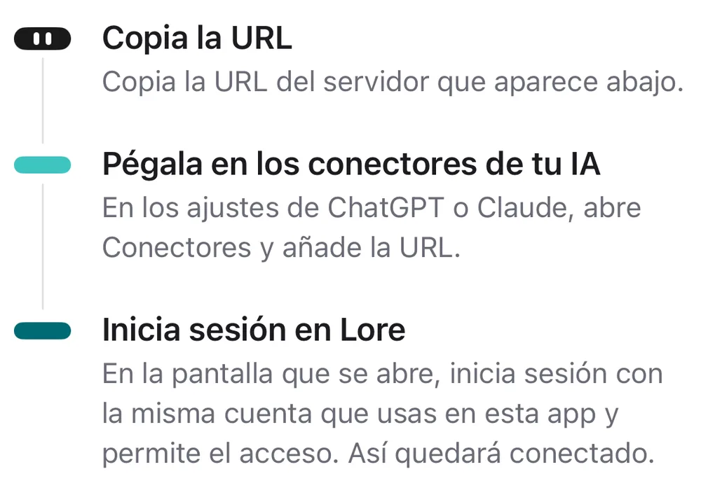 Tres pasos para conectar tu IA: copiar la URL, pegarla en los conectores de tu IA e iniciar sesión en Lore