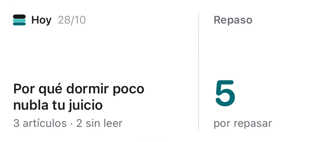 Widget mediano de Lore con los artículos de hoy y los repasos pendientes