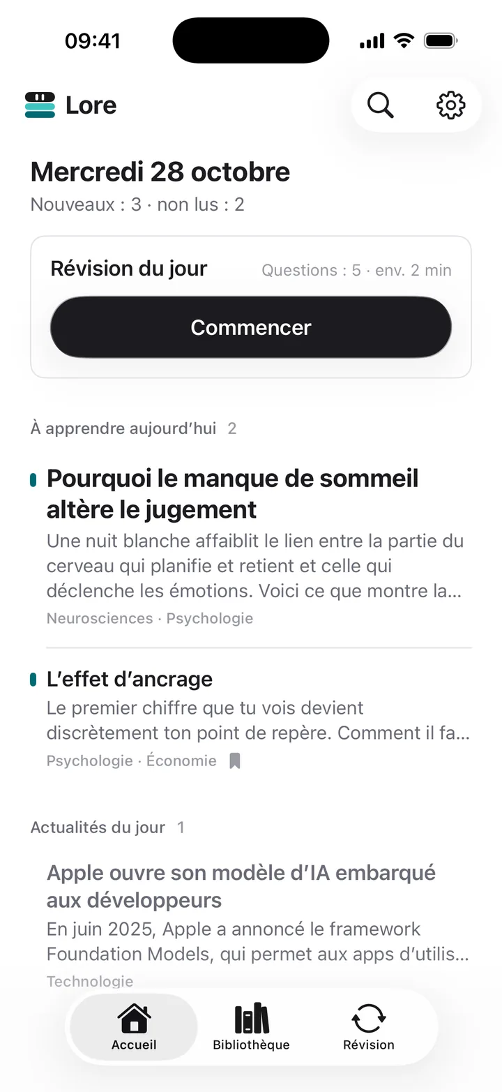 Écran d’accueil de Lore avec la révision du jour et les articles et actus arrivés aujourd’hui