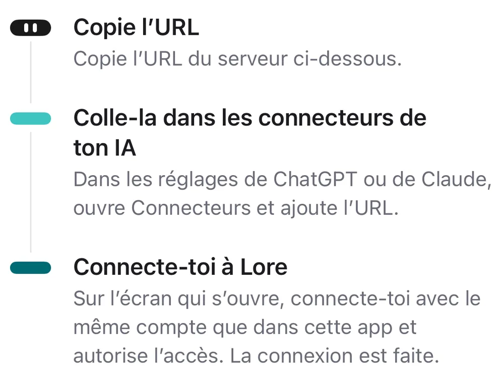 Trois étapes pour connecter ton IA : copier l’URL, la coller dans les connecteurs de ton IA, se connecter à Lore