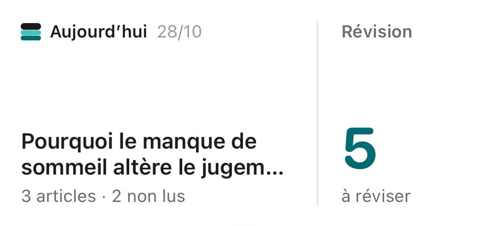 Widget moyen de Lore indiquant les articles du jour et les révisions à faire