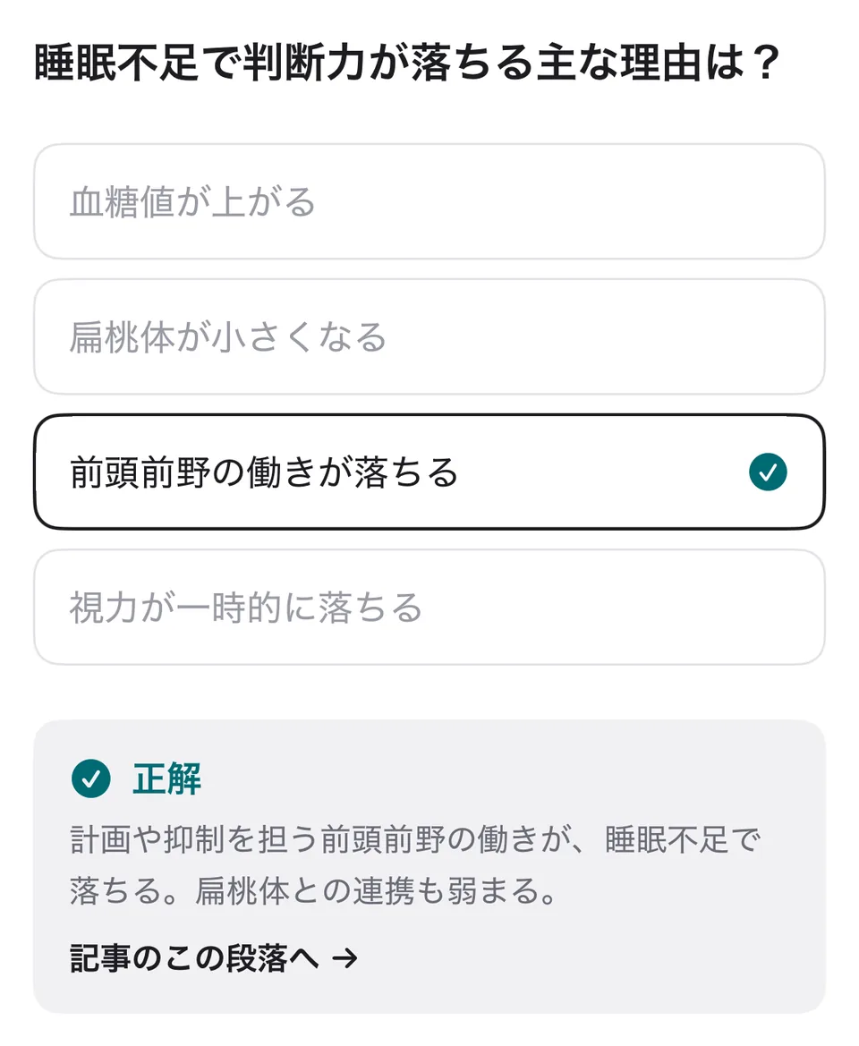 4択クイズの正解画面。解説と、記事の該当する段落へ戻るリンク