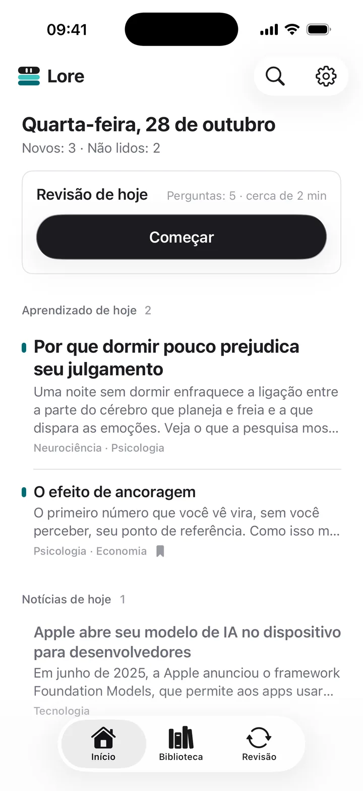 Tela Início do Lore com a revisão de hoje e os artigos e notícias que chegaram hoje